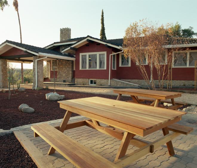 Castile Canyon Scientology School, art house with wood benches